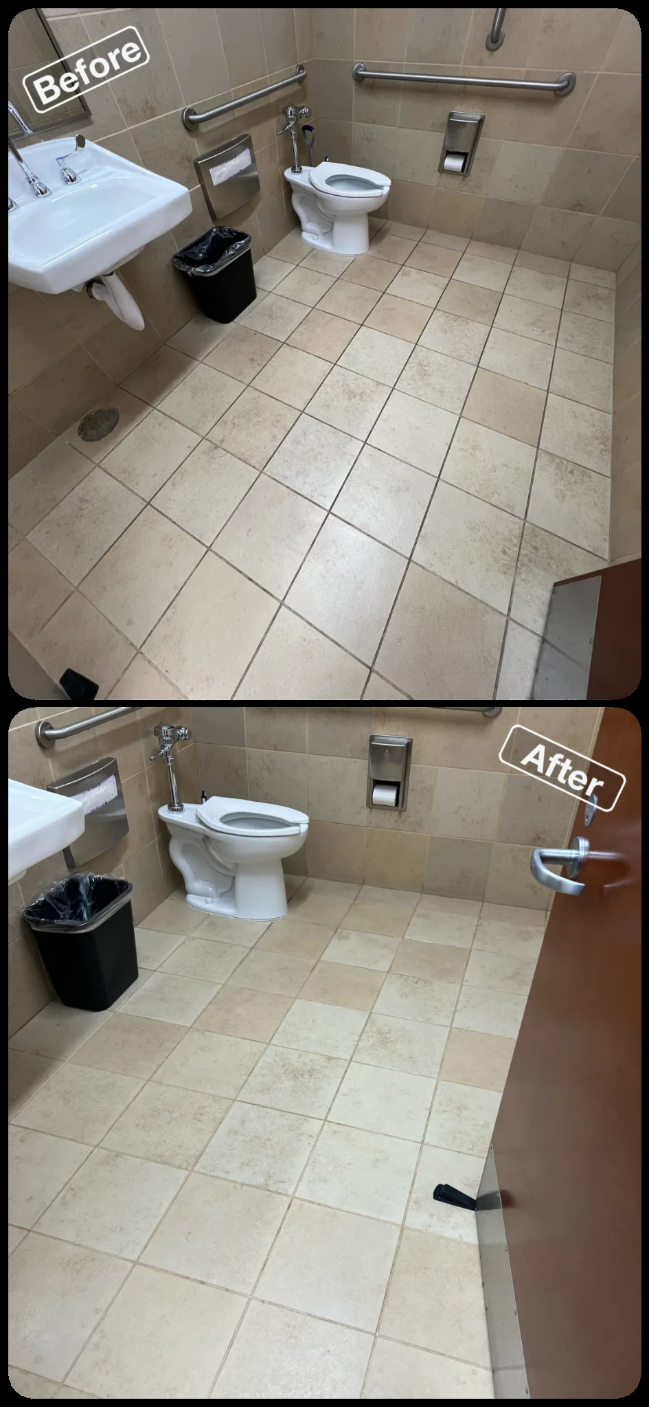 Before and after restroom floor cleaning